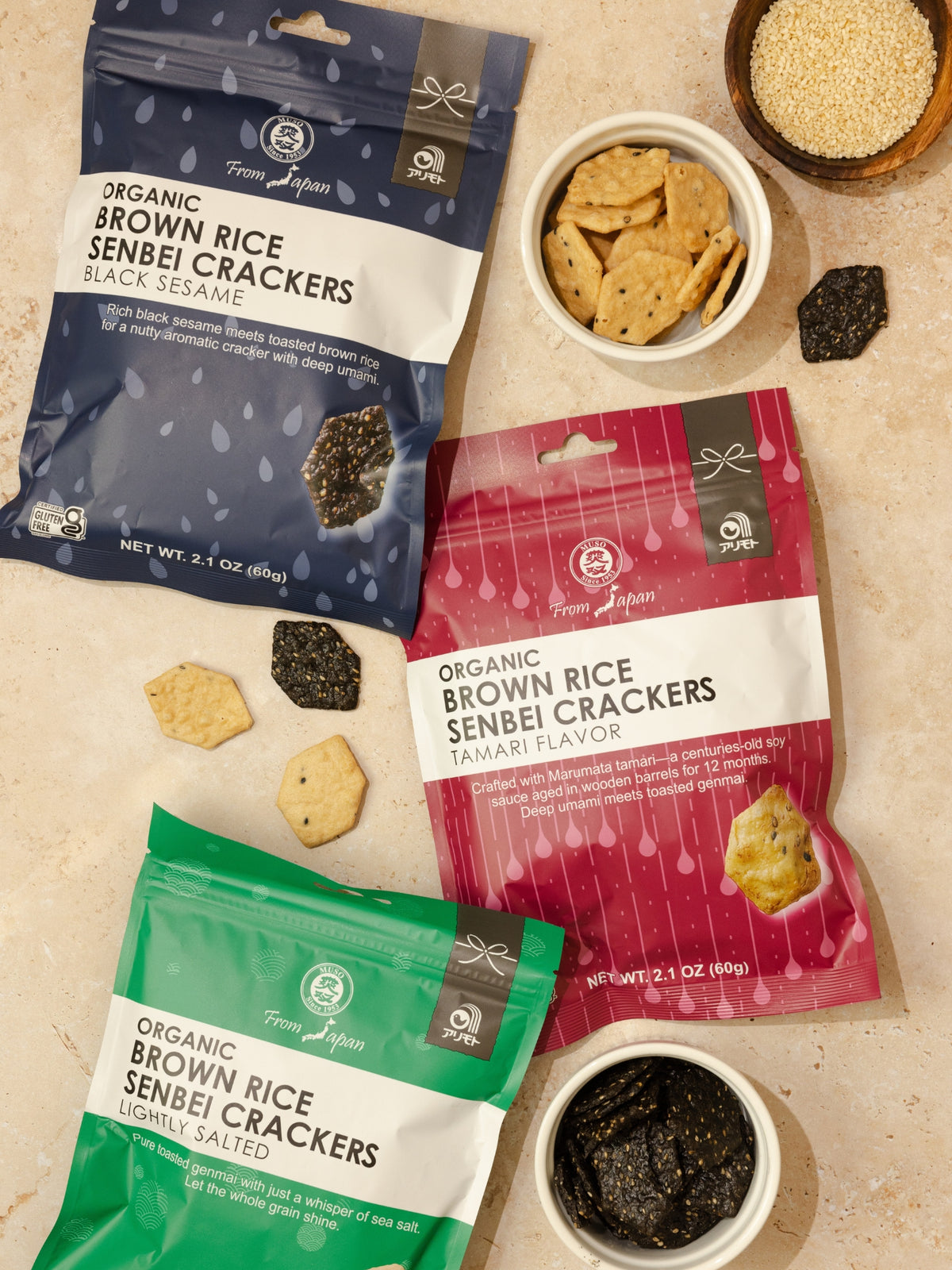 ORGANIC SENBEI BROWN RICE CRACKERS, BLACK SESAME 2.1 OZ NEW!