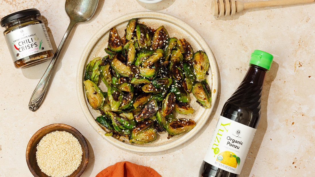 sweet spicy glazed brussels sprouts made with Japanese ponzu and chili crisps