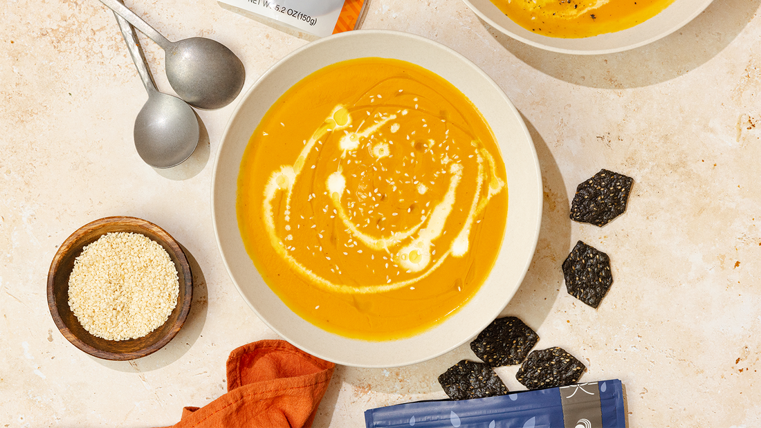 carrot pumpkin miso soup made with muso from japanese brown rice miso